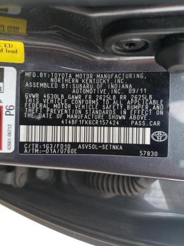 Photo 10 from auction – 2012 TOYOTA CAMRY BASE with VIN 4T4BF1FK6CR157424