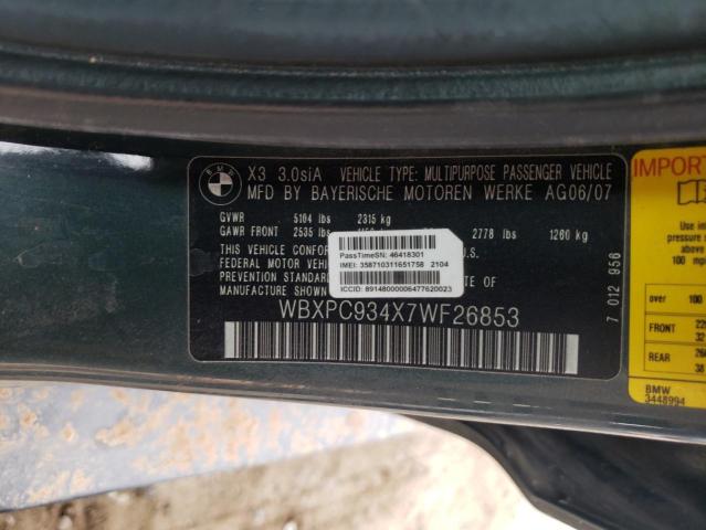 Photo 10 from auction – 2007 BMW X3 3.0SI with VIN WBXPC934X7WF26853