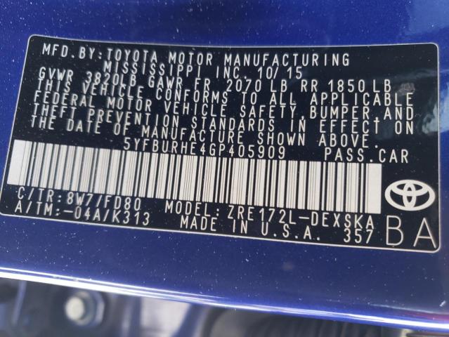Zdjęcie 10 z aukcji – 2016 TOYOTA COROLLA L z VIN 5YFBURHE4GP405909