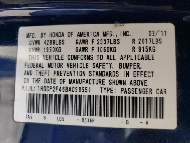 Photo 10 from auction – 2011 HONDA ACCORD LXP with VIN 1HGCP2F46BA099551