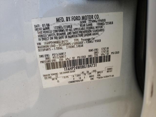Photo 10 from auction – 2008 FORD TAURUS SEL with VIN 1FAHP24W08G184731