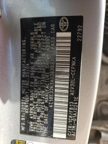 Photo 10 from auction – 2004 TOYOTA CAMRY LE with VIN 4T1BE32K14U363931