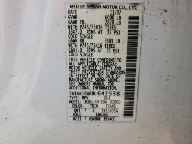Photo 10 from auction – 2008 NISSAN PATHFINDER with VIN 5N1AR18U88C641538
