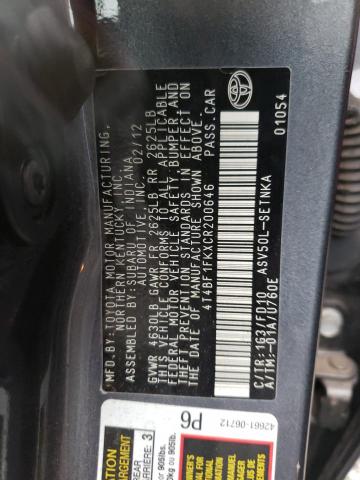 Photo 10 from auction – 2012 TOYOTA CAMRY BASE with VIN 4T4BF1FKXCR200646