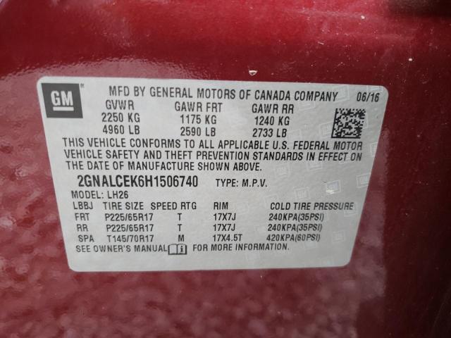 Photo 10 from auction – 2017 CHEVROLET EQUINOX LT with VIN 2GNALCEK6H1506740