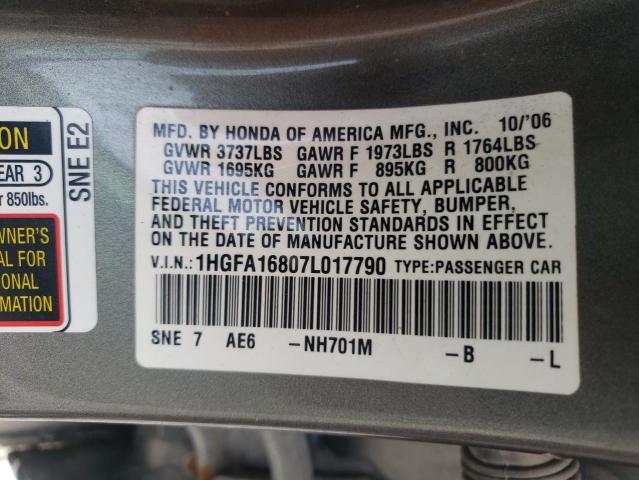 Photo 10 from auction – 2007 HONDA CIVIC EX with VIN 1HGFA16807L017790