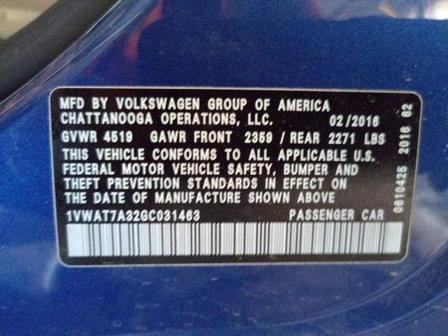 Photo 10 from auction – 2016 VOLKSWAGEN PASSAT S with VIN 1VWAT7A32GC031463