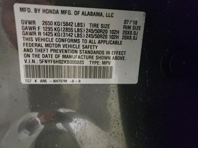 Photo 10 from auction – 2019 HONDA PILOT ELIT with VIN 5FNYF6H02KB000885