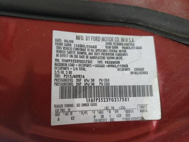 Photo 10 from auction – 2000 FORD TAURUS SES with VIN 1FAFP5523YG217581