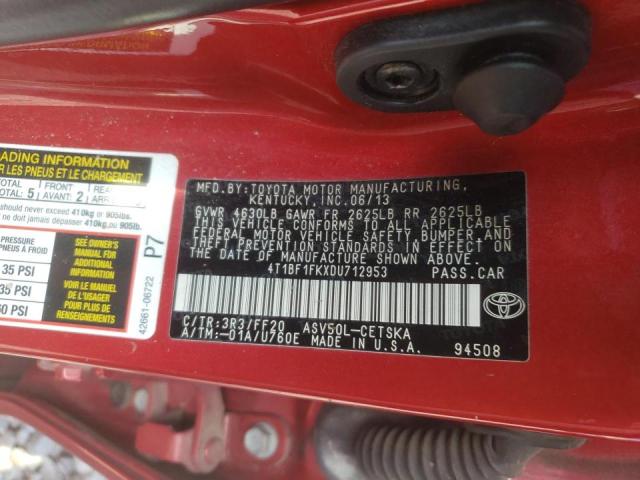 Photo 10 from auction – 2013 TOYOTA CAMRY L with VIN 4T1BF1FKXDU712953