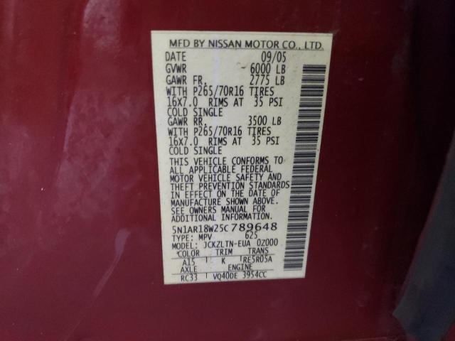 Photo 10 from auction – 2005 NISSAN PATHFINDER with VIN 5N1AR18W25C789648
