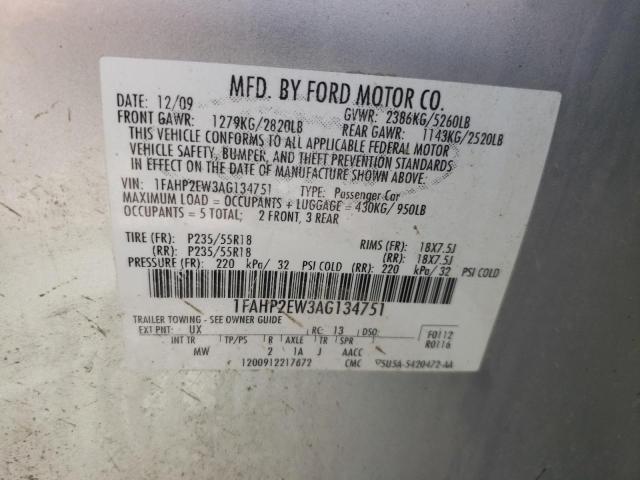 Photo 10 from auction – 2010 FORD TAURUS SEL with VIN 1FAHP2EW3AG134751