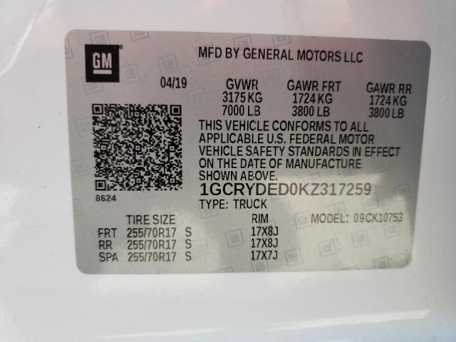 Photo 10 from auction – 2019 CHEVROLET SILVERADO with VIN 1GCRYDED0KZ317259