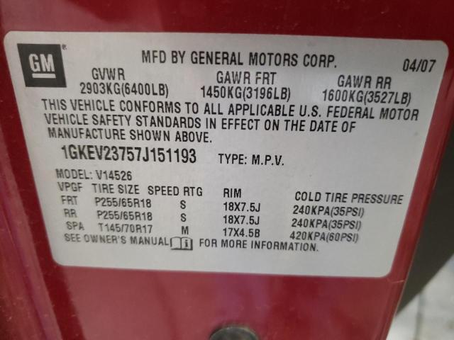 Photo 10 from auction – 2007 GMC ACADIA SLT with VIN 1GKEV23757J151193