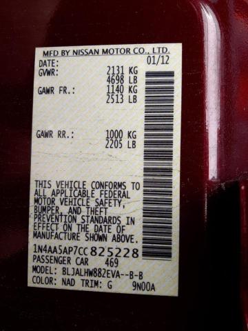 Photo 10 from auction – 2012 NISSAN MAXIMA S with VIN 1N4AA5AP7CC825228