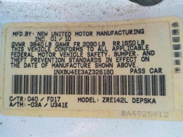 Photo 10 from auction – 2010 TOYOTA COROLLA BA with VIN 1NXBU4EE3AZ326180