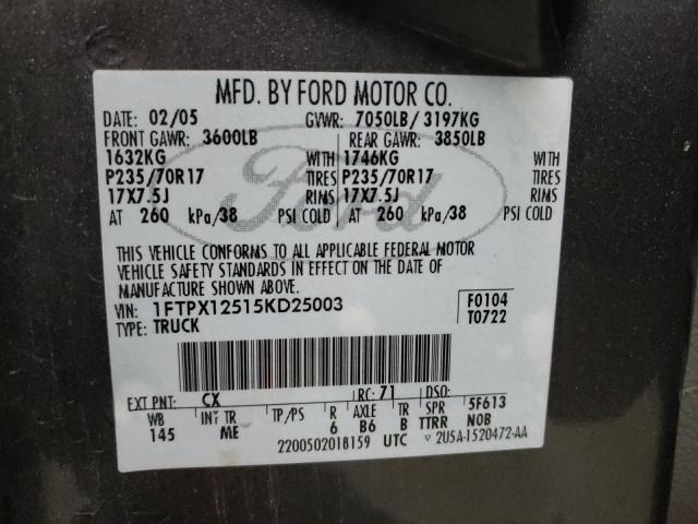 Photo 10 from auction – 2005 FORD F150 with VIN 1FTPX12515KD25003