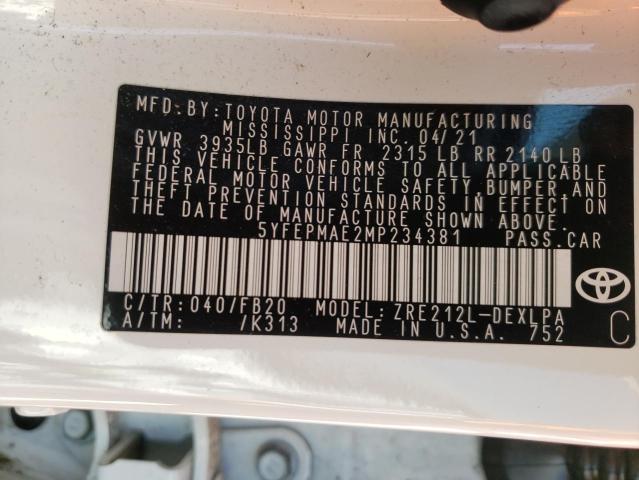 Photo 10 from auction – 2021 TOYOTA COROLLA LE with VIN 5YFEPMAE2MP234381