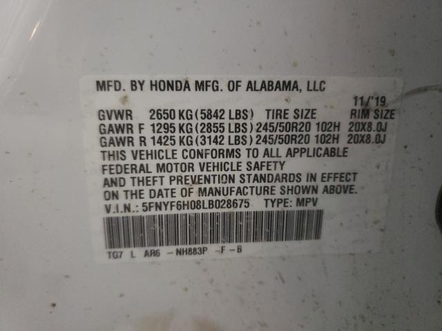 Photo 10 from auction – 2020 HONDA PILOT ELIT with VIN 5FNYF6H08LB028675