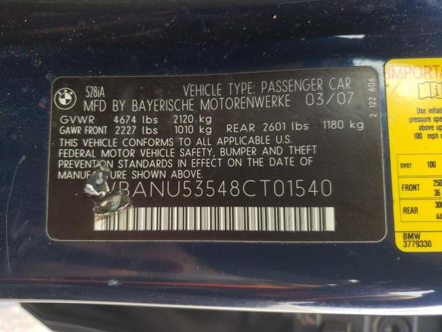 Photo 10 from auction – 2008 BMW 528 I with VIN WBANU53548CT01540