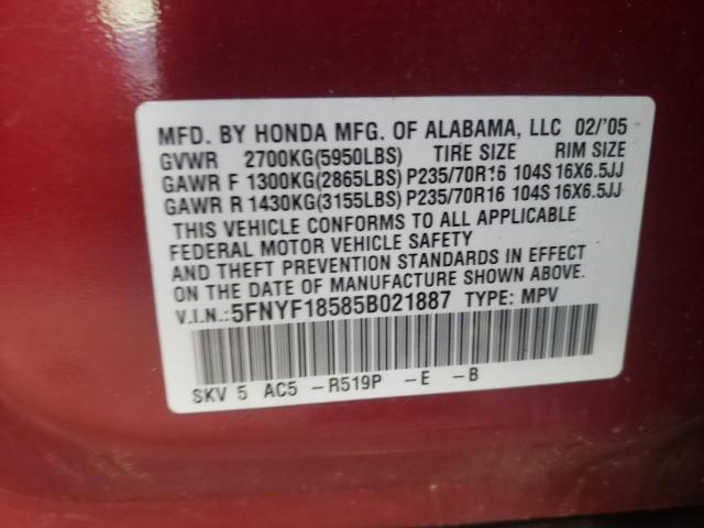 Photo 10 from auction – 2005 HONDA PILOT EXL with VIN 5FNYF18585B021887