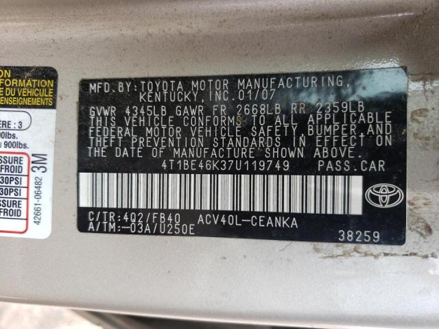 Photo 10 from auction – 2007 TOYOTA CAMRY CE with VIN 4T1BE46K37U119749