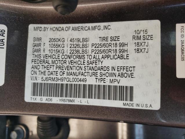Photo 10 from auction – 2016 HONDA CR-V TOURI with VIN 5J6RM3H97GL000449