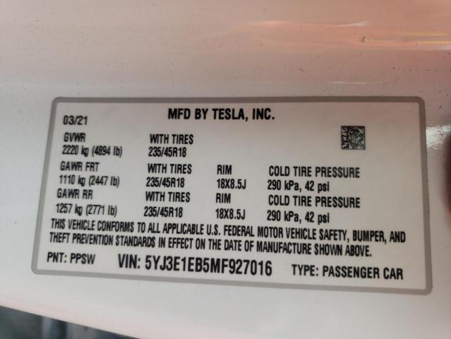 Photo 10 from auction – 2021 TESLA MODEL 3 with VIN 5YJ3E1EB5MF927016