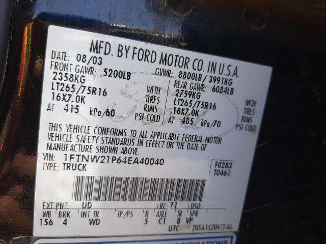 Photo 10 from auction – 2004 FORD F250 SUPER with VIN 1FTNW21P64EA40040