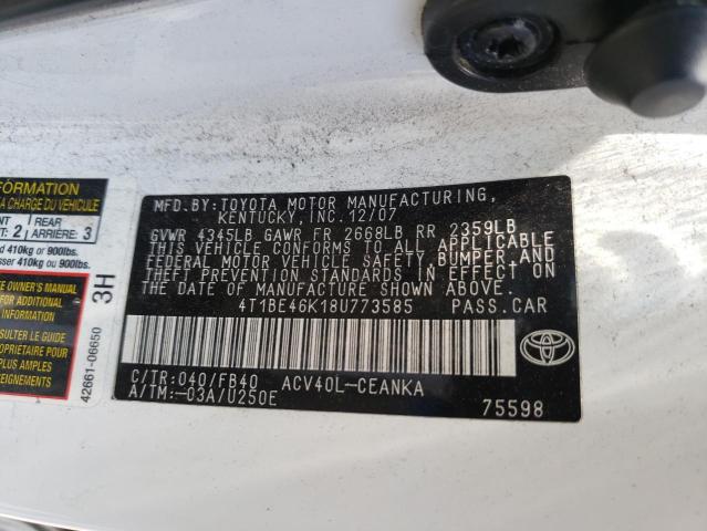 Photo 10 from auction – 2008 TOYOTA CAMRY CE with VIN 4T1BE46K18U773585