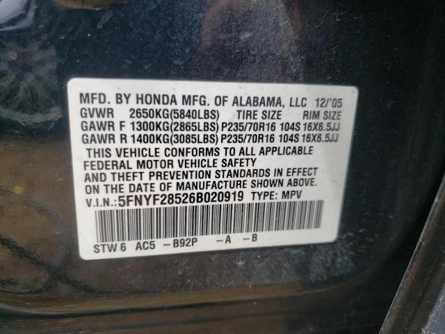 Photo 10 from auction – 2006 HONDA PILOT EX with VIN 5FNYF28526B020919