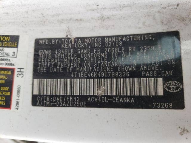 Photo 10 from auction – 2009 TOYOTA CAMRY BASE with VIN 4T1BE46K49U798336