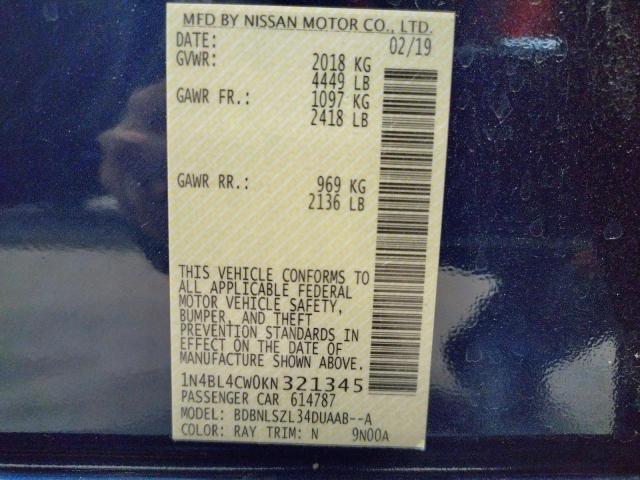 Photo 10 from auction – 2019 NISSAN ALTIMA SR with VIN 1N4BL4CW0KN321345