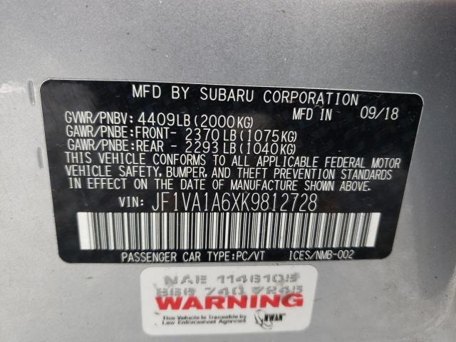 Photo 10 from auction – 2019 SUBARU WRX with VIN JF1VA1A6XK9812728