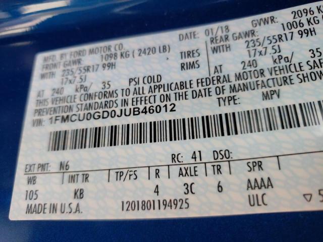 Photo 10 from auction – 2018 FORD ESCAPE SE with VIN 1FMCU0GD0JUB46012