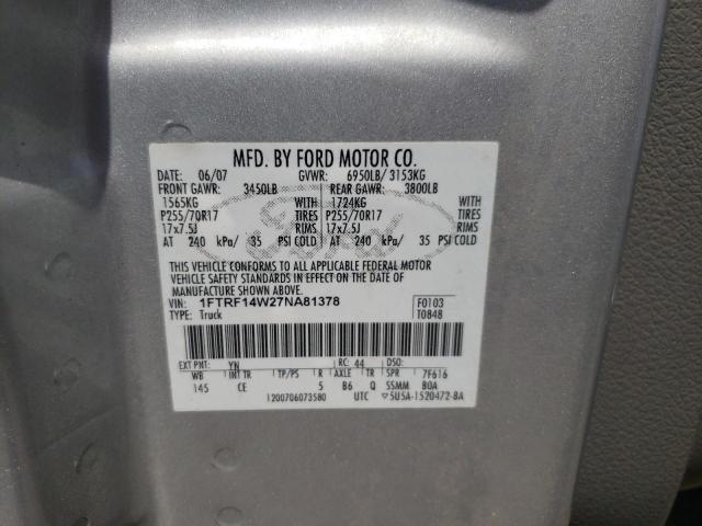 Photo 10 from auction – 2007 FORD F150 with VIN 1FTRF14W27NA81378