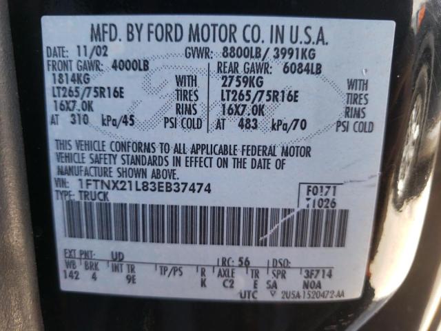 Photo 10 from auction – 2003 FORD F250 SUPER with VIN 1FTNX21L83EB37474