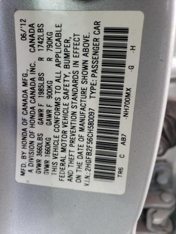 Photo 10 from auction – 2012 HONDA CIVIC LX with VIN 2HGFB2F56CH580097