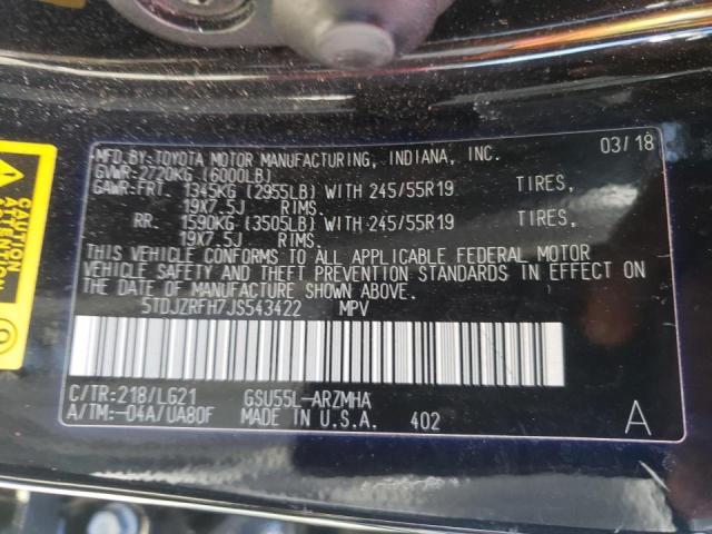 Photo 10 from auction – 2018 TOYOTA HIGHLANDER with VIN 5TDJZRFH7JS543422