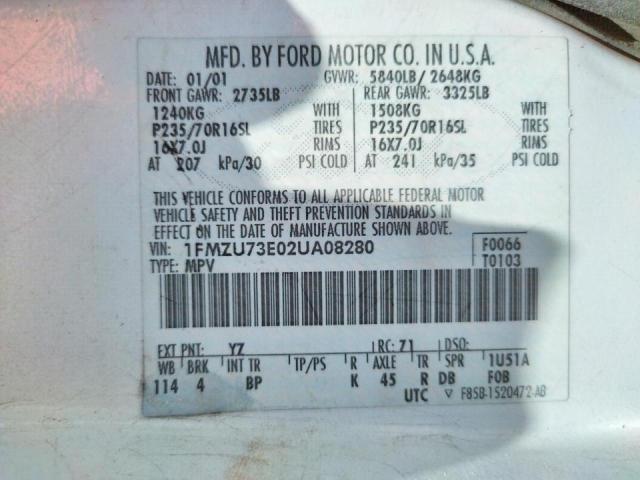 Photo 10 from auction – 2002 FORD EXPLORER X with VIN 1FMZU73E02UA08280
