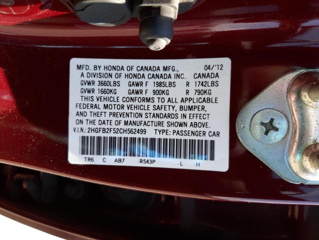 Photo 10 from auction – 2012 HONDA CIVIC LX with VIN 2HGFB2F52CH562499