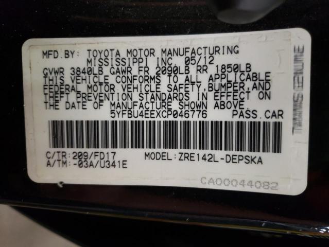 Photo 10 from auction – 2012 TOYOTA COROLLA BA with VIN 5YFBU4EEXCP046776