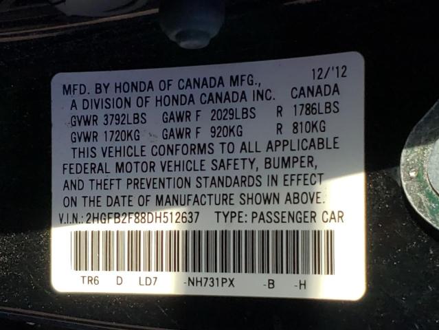Photo 10 from auction – 2013 HONDA CIVIC EX with VIN 2HGFB2F88DH512637