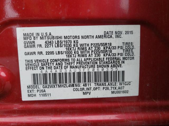 Photo 10 from auction – 2015 MITSUBISHI OUTLANDER with VIN 4A4AR3AU3FE060355