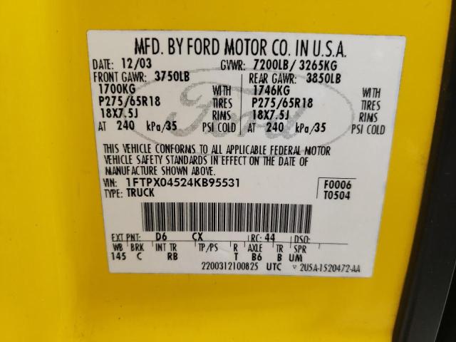Photo 10 from auction – 2004 FORD F150 with VIN 1FTPX04524KB95531