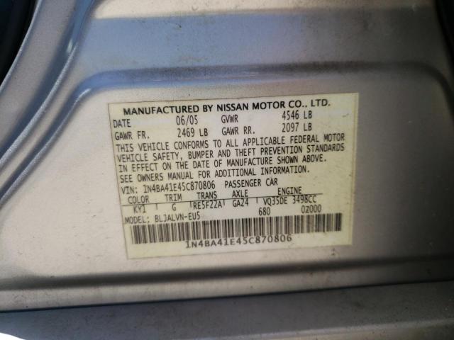 Photo 10 from auction – 2005 NISSAN MAXIMA SE with VIN 1N4BA41E45C870806