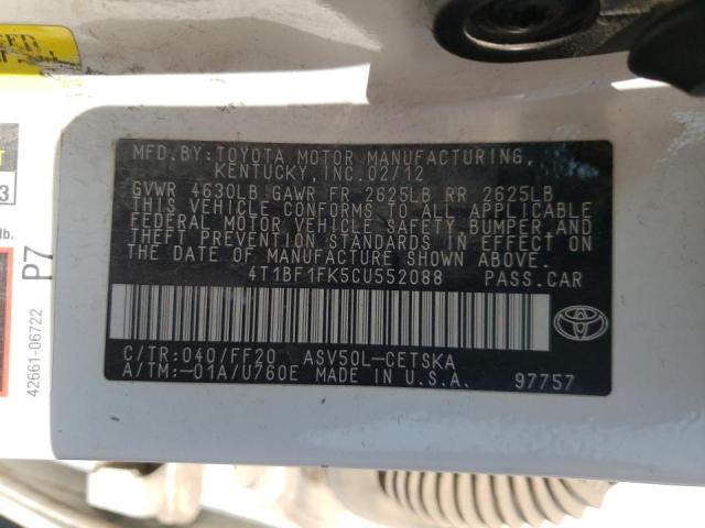 Photo 10 from auction – 2012 TOYOTA CAMRY BASE with VIN 4T1BF1FK5CU552088
