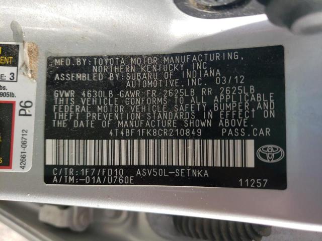 Photo 10 from auction – 2012 TOYOTA CAMRY BASE with VIN 4T4BF1FK8CR210849