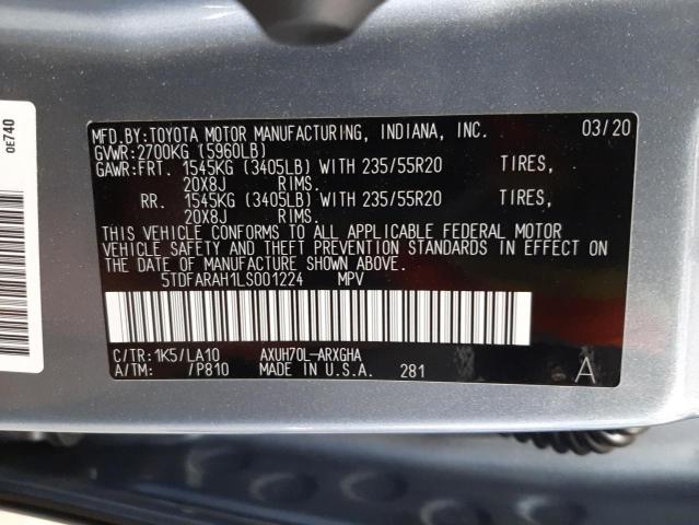 Photo 10 from auction – 2020 TOYOTA HIGHLANDER with VIN 5TDFARAH1LS001224