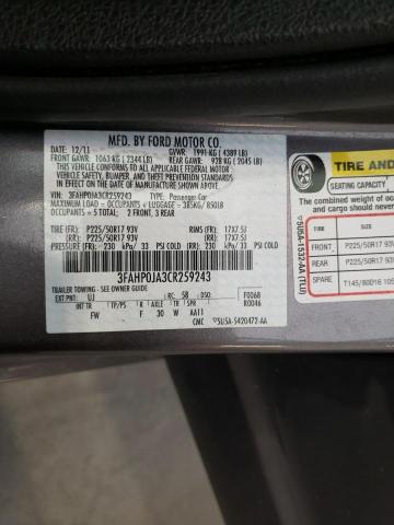 Photo 10 from auction – 2012 FORD FUSION SEL with VIN 3FAHP0JA3CR259243